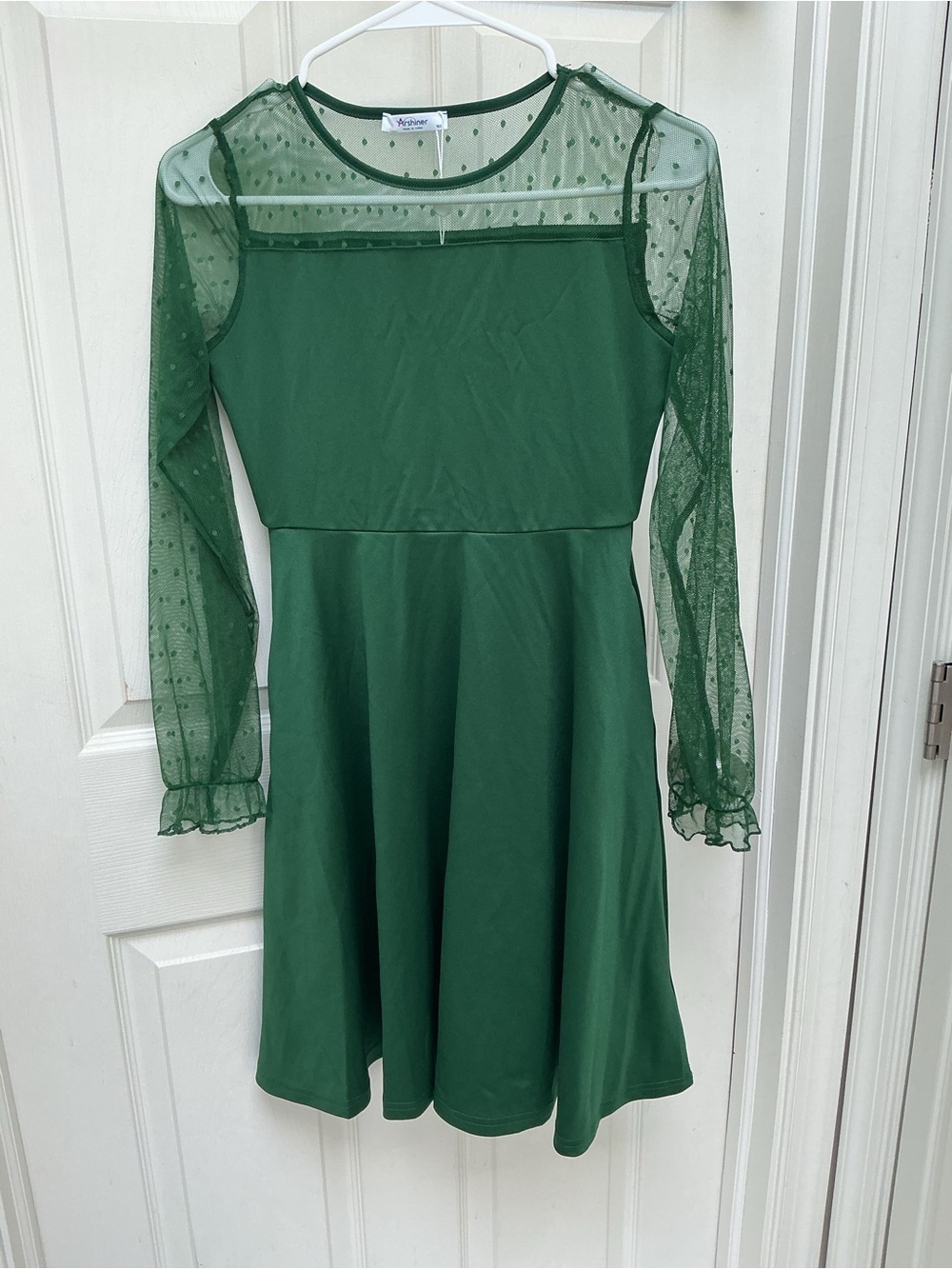 Noize Emerald Green Sheer Dot Long Sleeve Fit-and-Flare Dress